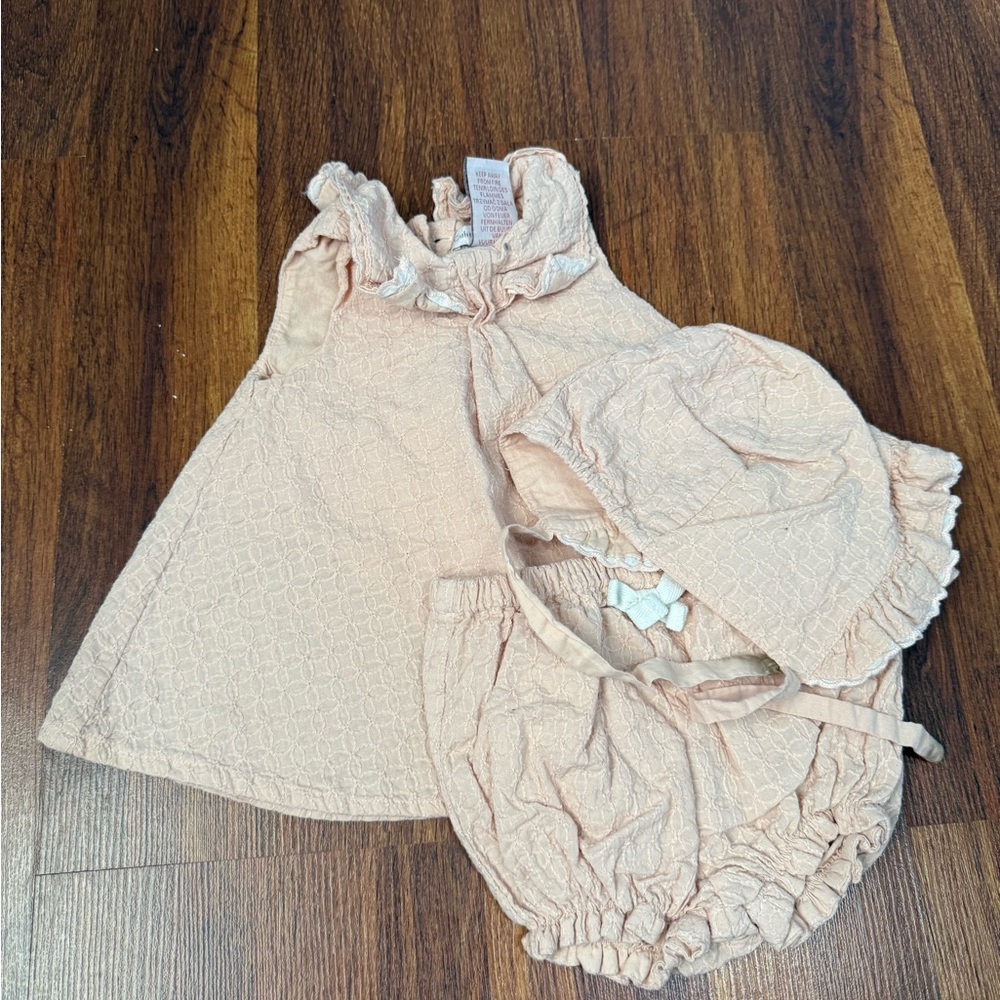 Peach Baby Dress Set with Bonnet and Bloomers